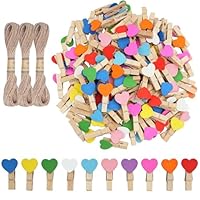 CUWELT 150pcs Mini Wooden Heart Pegs Colourful, Colored Wooden Heart Pegs with 30M Jute String, Wood Heart Clips for Crafts Wedding Party Decorative Photo Paper Wall DIY