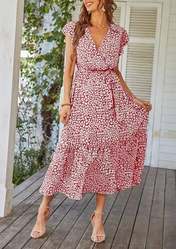 PRETTYGARDEN Women's Summer Floral Boho Maxi Dress Wrap Short Sleeve V Neck Ruffle A-Line Flowy Wedding Guest Long Dresses
