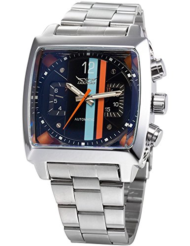 Gosasa Mens Sports Automatic Mechanical Analog Oblong Watch Date Silver Stainless Steel Wrist Watch