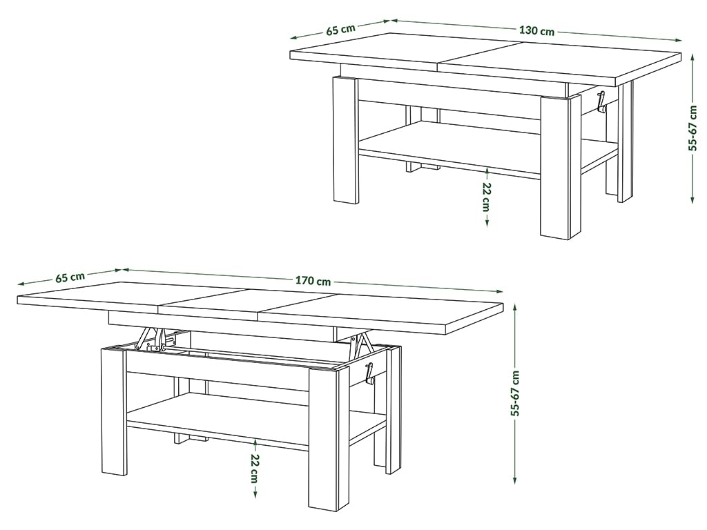 All4All Couchtisch Rino - Kaffeetisch - Wohnzimmertisch mit Ablage - Sofatisch - ausziehbar bis 170cm - höhenverstellbar - 130x65cm - 05 - Beton + Schwarz
