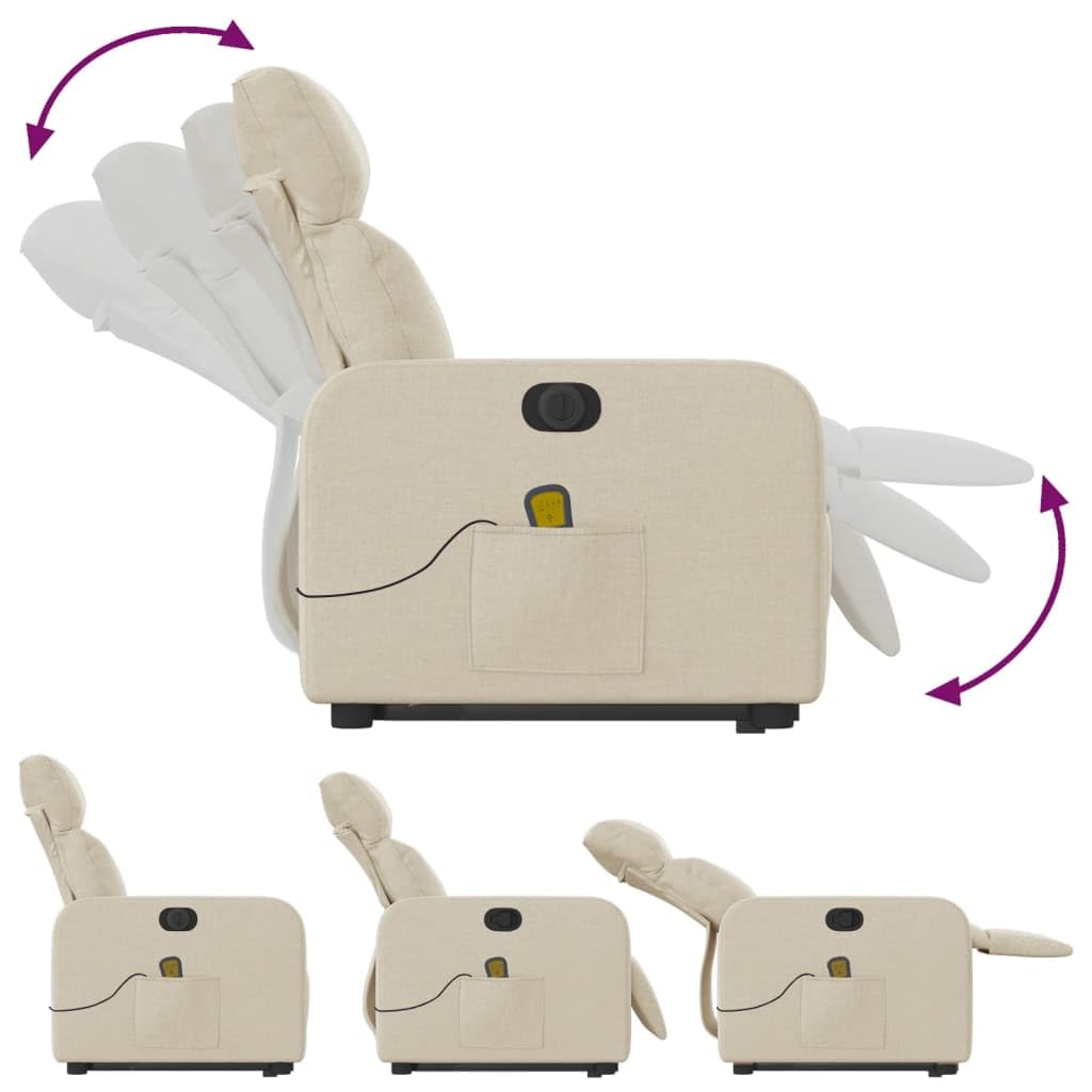Sillón elevador eléctrico reclinable de tejido crema con 6 puntos de vibración y motor para elevación e inclinación, estructura estable y bolsillo lateral