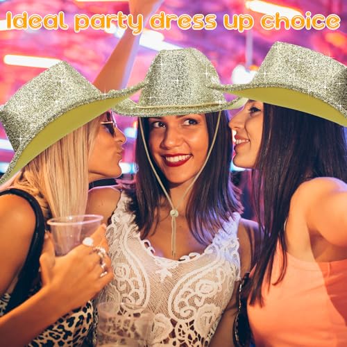 Image of Coume 12 Pcs Sparkly Adults Cowboy Hat and Bandanas Women Men Western Glitter Cowgirl Party Hats with Adjustable Drawstring