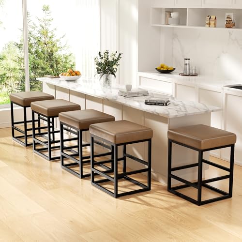 Image of Bar Stools Set of 5, 24in Counter Height Barstools, Faux Leather Counter Stools with Thick Square Seats & Sturdy Metal Base, Modern Bar Chairs for Kitchen Island (Coffee)