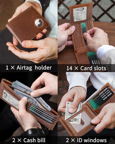 Airtag Wallet for Men Bifold Genuine Leather RFID Blocking Men's Wallet with Airtag Holder 2 ID Windows 14 Cards Holders - Gift Box (Airtag Not Included)3