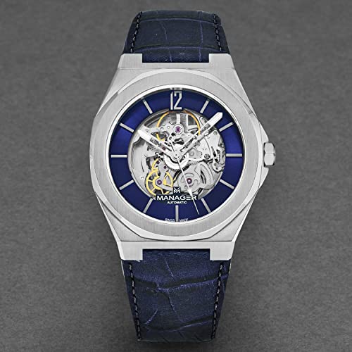 Manager Men's 'Open Mind' Blue Dial Blue Leather Strap Automatic Watch MAN-RO-03-SL4