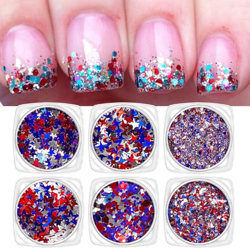 Independence Day Star Nail Glitter July 4th Nail Art Sequins Holographic Patriotic Red Blue Silver Mix Hollow Star for Women Girls Face Body Nail Art Decoration 6 Boxes