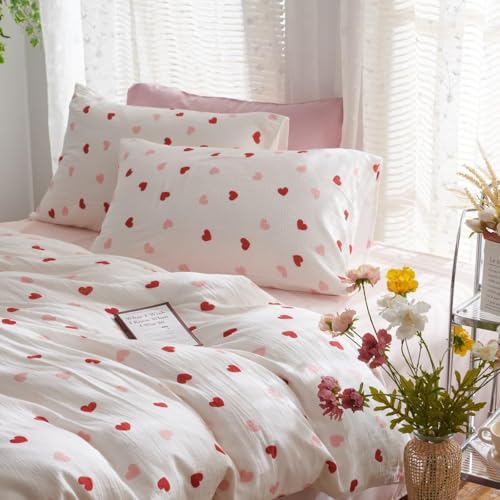 Bildenly Heart Comforter Set Twin Size 2 Pieces Red Pink Heart Comforter Bedding Sets for Girls Kids Cute Love Hearts Bed in A Bag Bedding with 1 Pillowcase for All Seasons