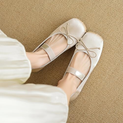 Satin Ballet Flats for Women Square Toe Comfy Flats Slip on Bowknot Shoes for Women Dressy Bow Shoes with Elastic Strap3