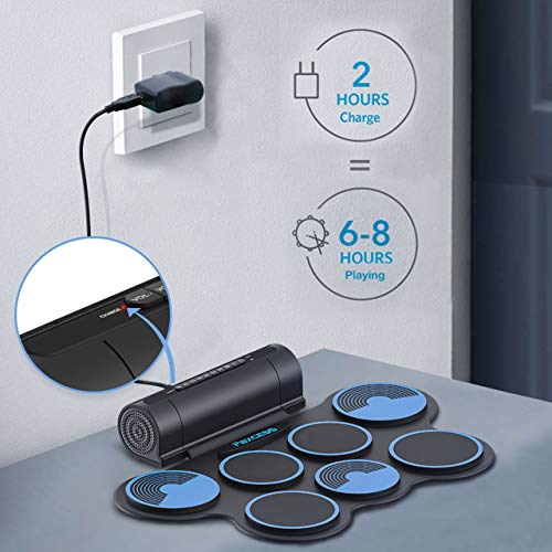 PAXCESS Electronic Drum Set 7 Pads Roll-up Practice Electric Drum for Kids with Headphones Jack, Built-in Speakers Drum Set Best Birthday Gift for Kids (Blue)