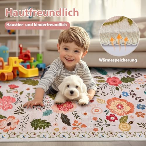 Puremy Schmutzfangmatte Innen, Waschbarer Fussmatte, Blumenmuster, Vintage Teppiche, Niedriger Flor, rutschfest, Weiche, Eingangstürmatte für Flur Eingangsbereich Küche, 66x100cm, Beige
