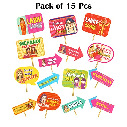 Image of Rozi Decoration Mehndi Ceremony Photobooth Props Set of 15 Sticks for The Bride and Her Family, Pre-Wedding Photographic, Haldi Mehndi Wedding Pack of 1