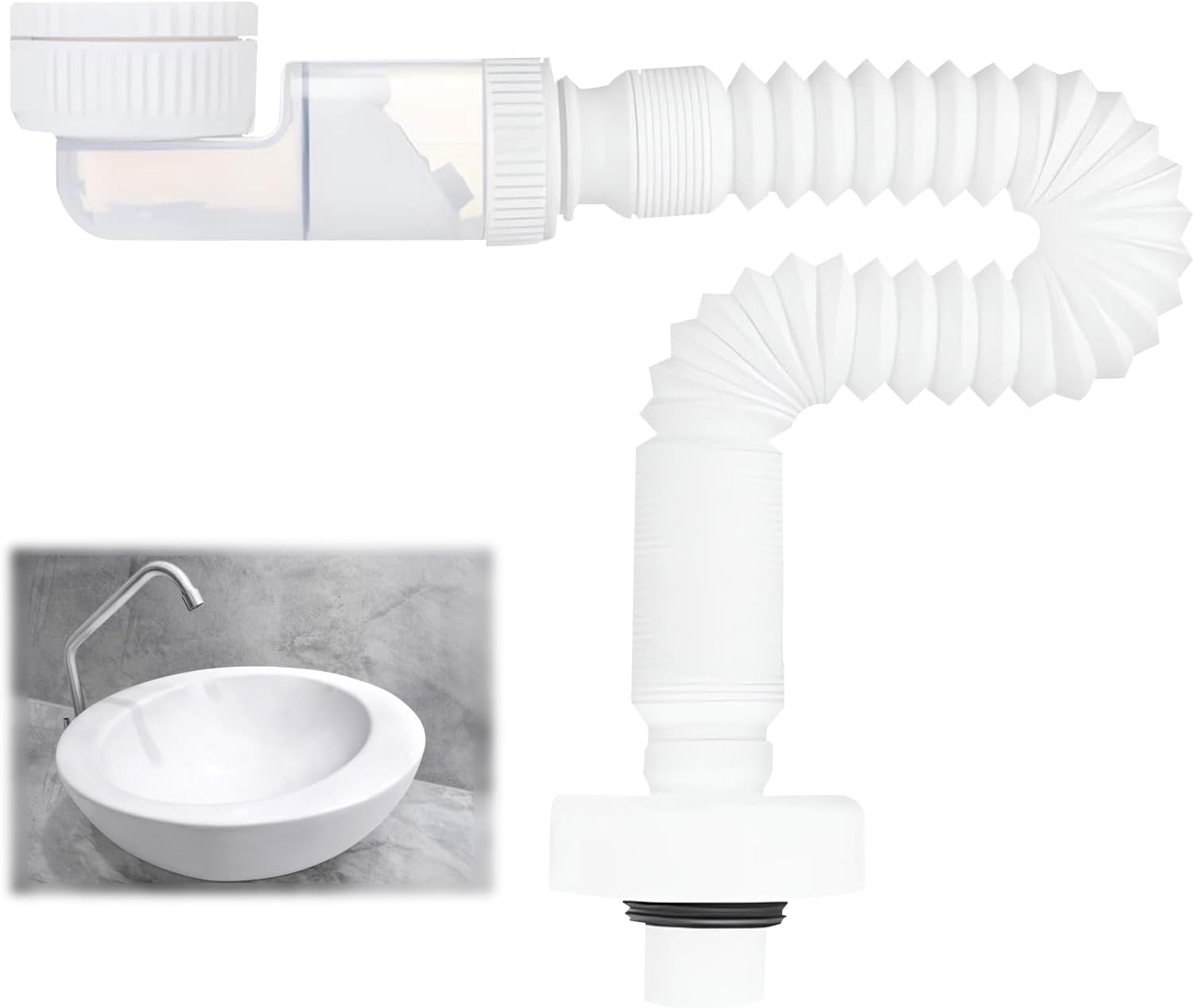 Space-Saving Siphon, Flexible Drain Hose, 1 1/4 Inch Siphon, Adjustable Sink Siphon, Odour-Proof, Flexible Siphon, Replaceable Waste Water Pipe, Drain Pipe with Odour Trap, White