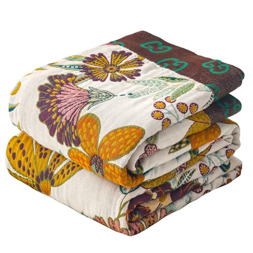 King Boho Throw Blanket for Bed, 100% Cotton Muslin Soft Throw-Floral Farmhouse Rustic Decor Blanket for Couch Sofa Quilt and Gift, 91" x 98"-BeigeWhite
