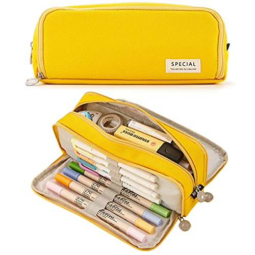 MAMUNU Trousse à crayons grande capacité avec 3 compartiments, trousse de rangement de papeterie pour l'école, le bureau, trousse à crayons pour femme, homme, fille, garçon (jaune) Cover