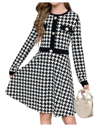 SweatyRocks Girl's Houndstooth Print A Line Dress Crewneck Long Sleeve Button Front Short Dresses
