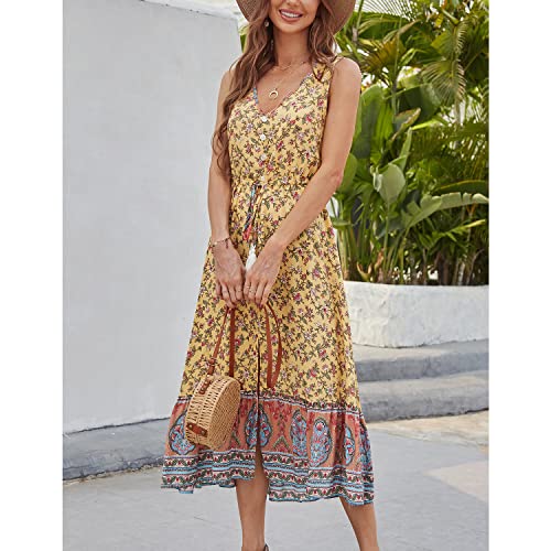 Image of BROVAVE Women Summer Bohemian Floral Print V Neck Sleeveless Sundress Flowy Casual Midi Dress