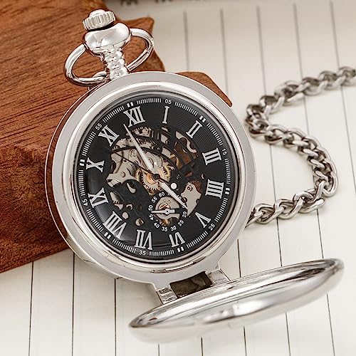 Image of Transparent Cover Mechanical Pocket Watch for Men Vintage Skeleton Dial Clock Hand Wind Male Fob Chain Watches(Silver)