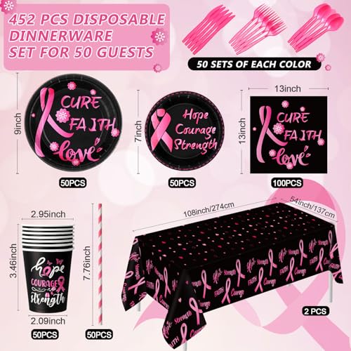 Image of Funnymoom 452 Pcs Breast Cancer Awareness Decoration Black Pink Cure Faith Love Paper Plates Napkins Cups Tablecloth Cutlery Straws for Breast Cancer Awareness Month Women Charity Activities Supplies