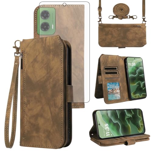 Motorola G35 6,7 étui portefeuille anti-chute avec vitre en verre trempé anti-rayures