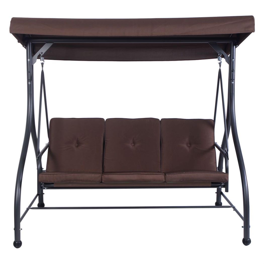 SFAREST 3 Seater Swing Chair, Hammock Bench Garden Swing Seat with Adjustable Canopy and Cushions, Outdoor Hanging Rocking Chair for Balcony Backyard Poolside (Brown) — image 1