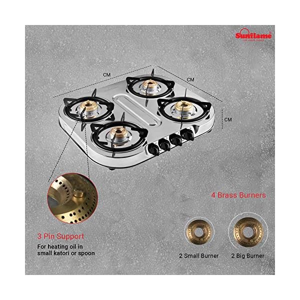 Sunflame OPTRA 4B Stainless Steel 4 Burner Gas Stove (Manual Ignition, Silver)