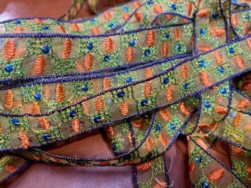 Orange Lime Royal Embroidered Trim Metallic Hand Sewn 1/2" Sequins Glass Beads 1yd Fabric