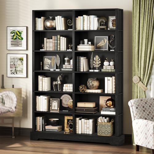 Image of TVU 6-Tier Wood Book Shelf, 47 inch Wide Large Bookcase and Bookshelf, 76 inch Tall Bookcase with Storage, Freestanding Wood Display Book Shelves for Living Room, Home Office, Black