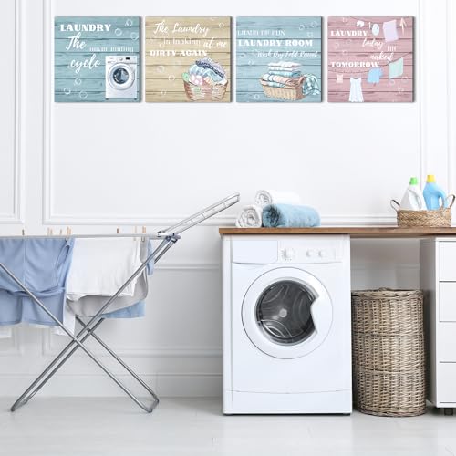 Laundry Room Canvas Wall Art, 12"x12" Funny Laundry Rules Prints Canvas Wall Decor, Rustic Laundry Funny Quotes Poster Printing Artwork for Washroom Bathroom Cleaning Room Laundry Room, Set of 4 - Image 2