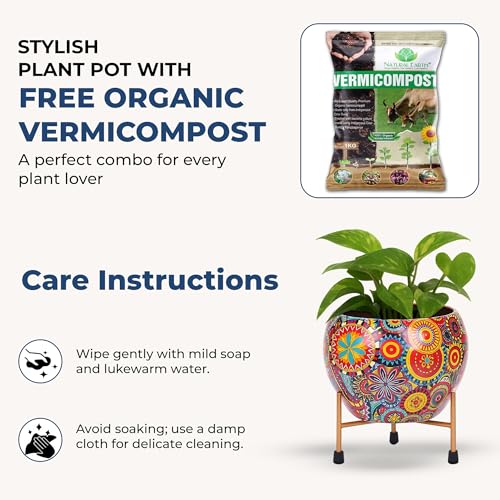 Image of Natural Earth Metal Flower Vase Planter Pot with Iron Stand | Decorative Plant Cachepot for Indoor & Outdoor Use | Succulent Pot for Home & Garden Decor (Mandala)