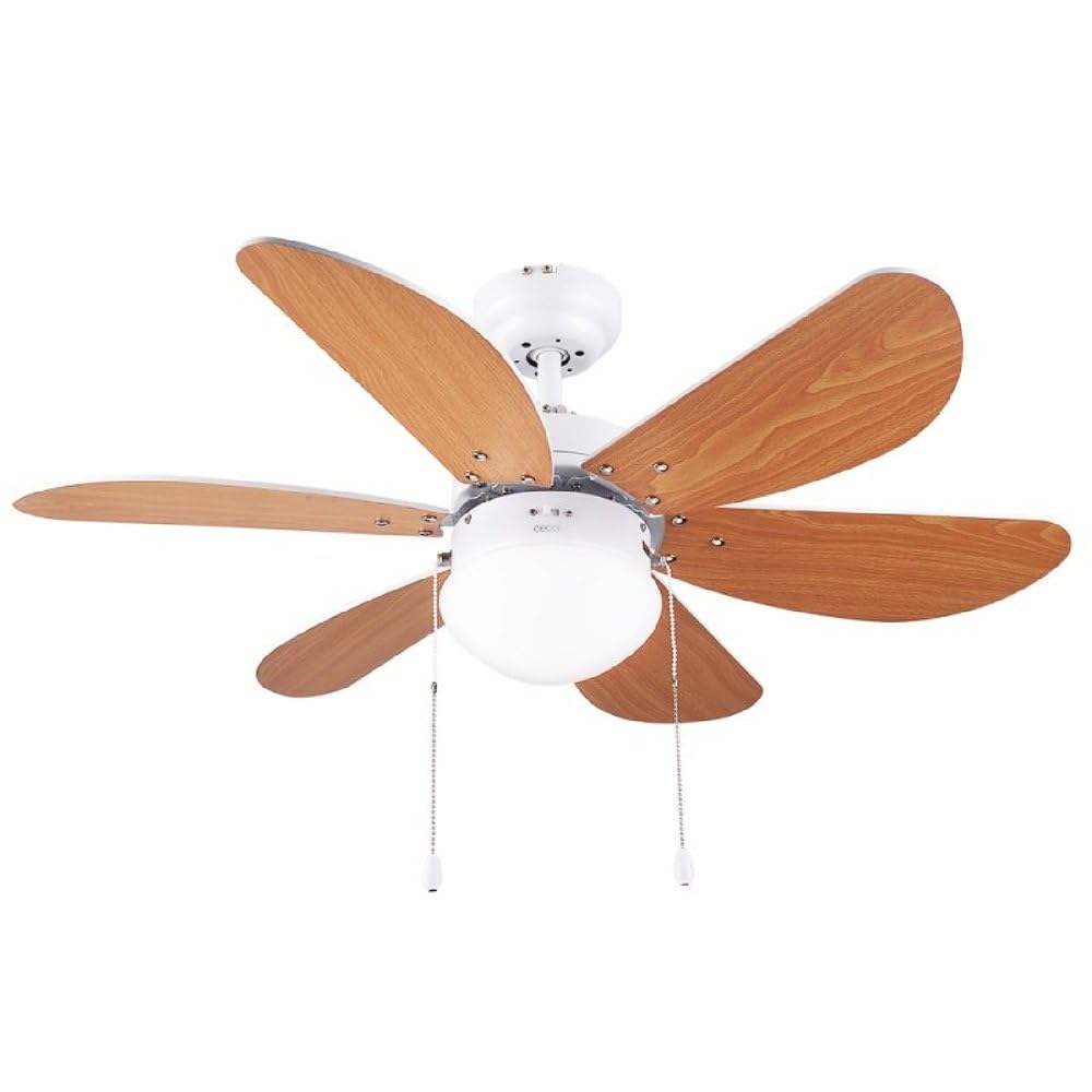Cecotec Ventilateur de Plafond avec Lumière EnergySilence Aero 360. 50 W, Faible Consommation, Diamètre de 91 cm, 6 Pales Réversibles, 3 Vitesses, Fonction Hiver, Finition en Blanc/Bois