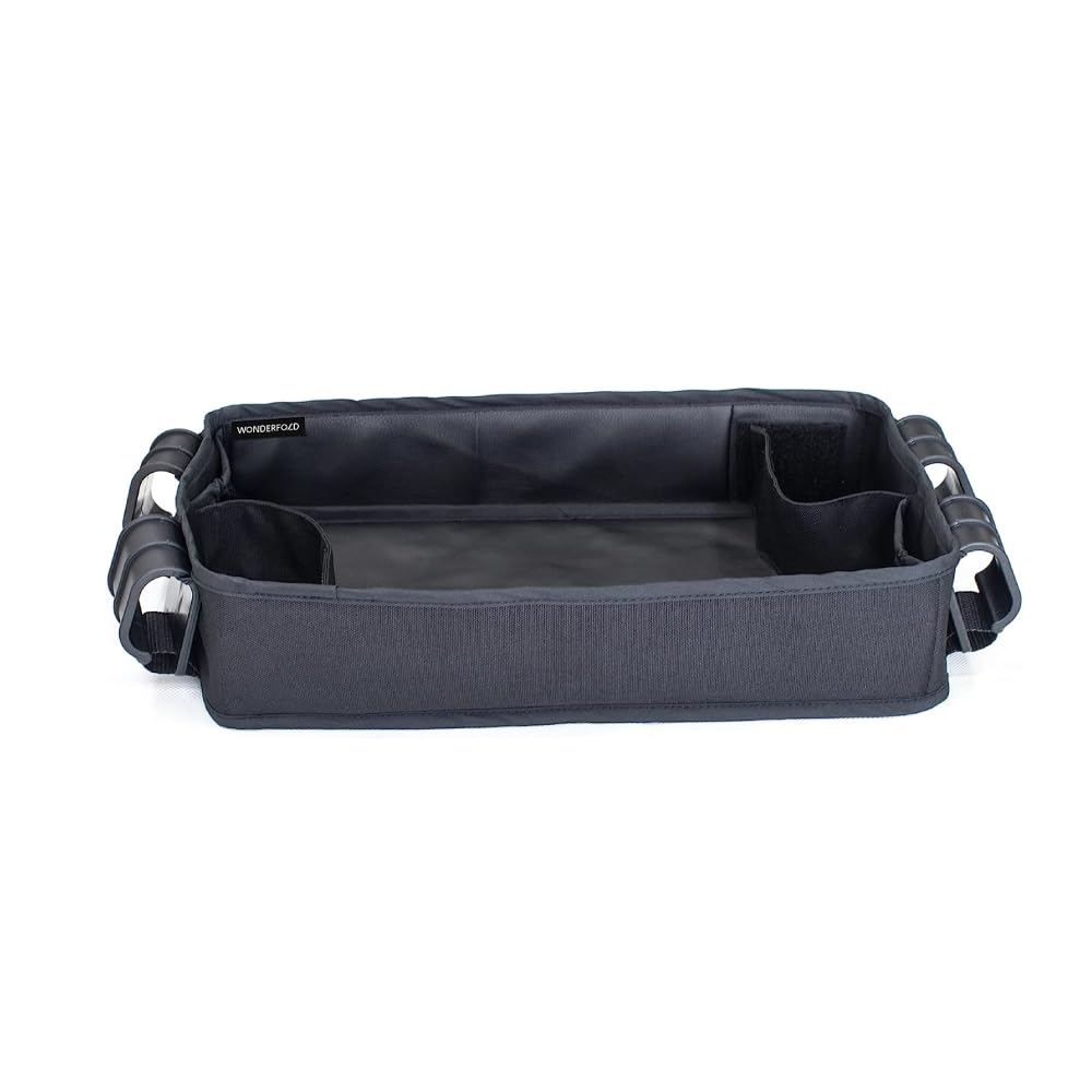WONDERFOLD Double Sided Stroller Tray for Snacks & Activities Featuring Faux Leather Side for Eating, Polyester Side for Activities, and 4 Kid’s Cup Holders (W2 Series)