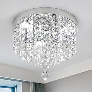 Deckrico Crystal Chandelier Modern Led Ceiling Light Flush Mount Stainless Steel Fixture Beaded Light Shade for Bedroom Dining Room Hallway Porch (White Light)