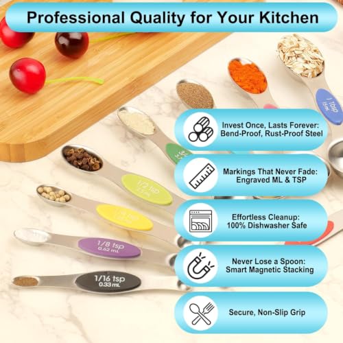 Image of INKULTURE Magnetic Measuring Spoons Set of 9, Dual-Sided Stainless Steel Measuring Spoons, Fits Spice Jars, Accurate Kitchen Measuring Spoon Set, Dishwasher Safe (Multicolour)