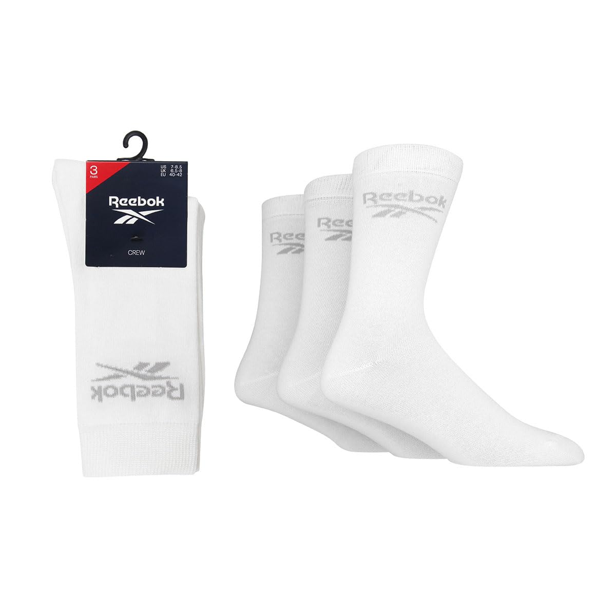 Reebok Unisex 'Core' Crew Socks - Mens and Ladies, Regular Calf Length Socks, Soft Cotton with Seamless Toes 3 Pair Multipack Size Range of UK 2.5-12.5 White 8.5-10