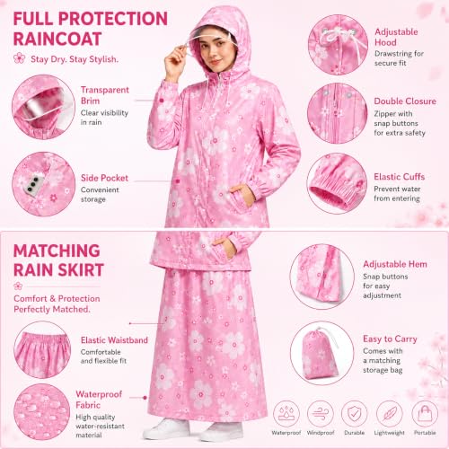 Image of Krystle Women's Waterproof Raincoat with Hood & Transparent Visor, Full Length Rainwear Coat and Skirt Set, Floral Print (Pink,Multisize)