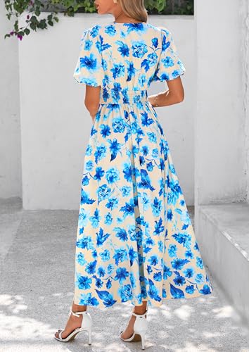 Image of PRETTYGARDEN Womes Boho Maxi Dresses 2026 Summer Spring V Neck Puff Sleeve Empire Waist A Line Flowy Long Beach Floral Dress