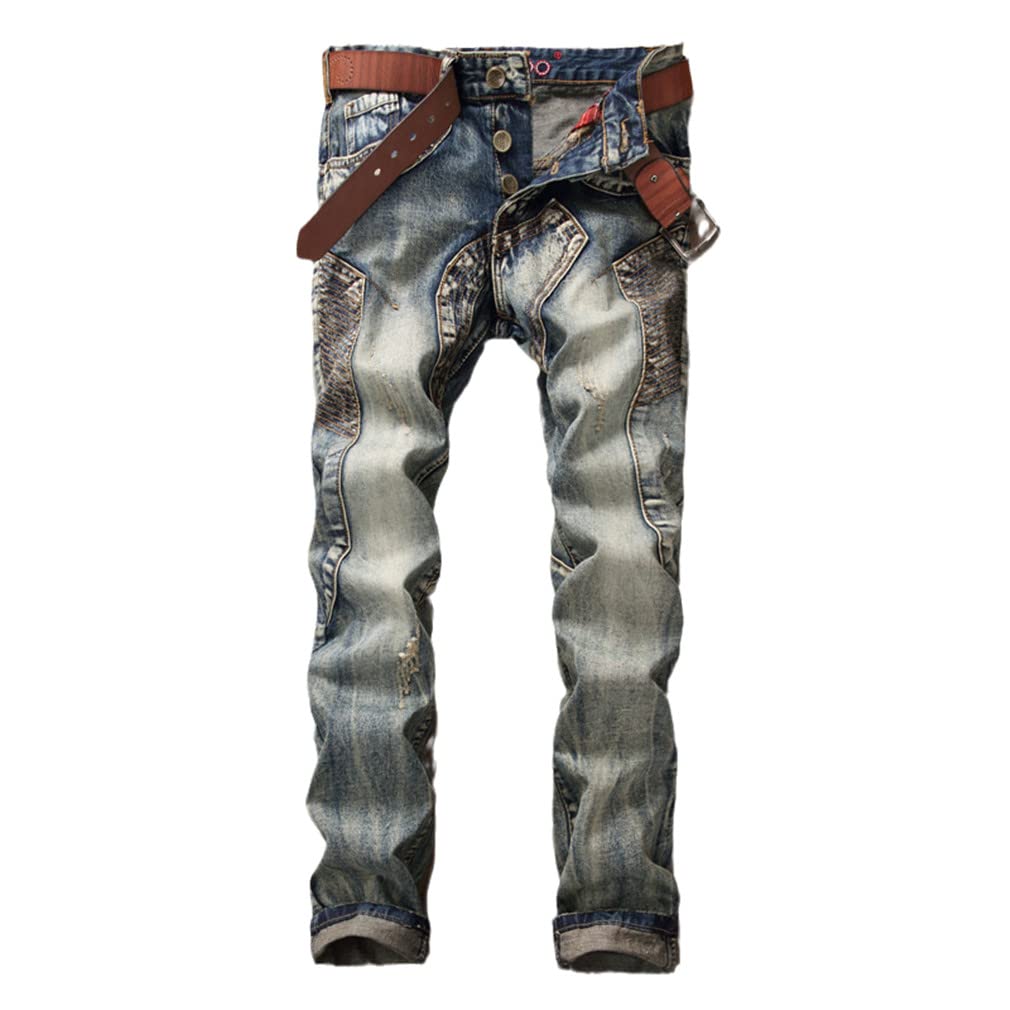 HWYBHT Męskie jeansy typu Biker Skinny Men Locomotive Jeans Męskie spodnie dżinsowe Slim Fit