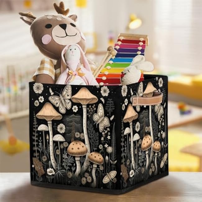 13x13 Inch Storage Basket Bin Mushrooms Butterfly Polyester Cloth Storage Cube Box Toys Clothes Towels Organizer for Kids Room Bedroom Shelves Pantry