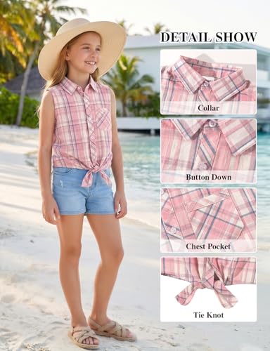 Image of Noomelfish Girls Sleeveless Button Down Shirt Tie Knot Blouse Western Cowgirl Outfit (5-12 Years)