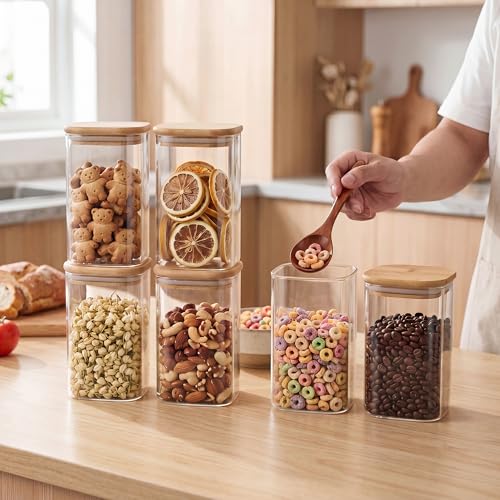 SENTVEND-37-Oz-Glass-Jars-6-Pack-Food-Storage-Containers-with-Lids-Square-Food-grade-durable-clear-canister-Bamboo-seal-cover-Stackable-BPA-Free-Ideal-for-sorting-oats-Coffee-beans-Nuts-More