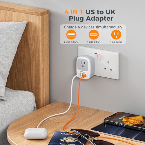 Image of UK Adapters for Travel, TESSAN US to UK Plug Adapter, Ireland Outlet Plug with 3 USB Charger (1 USB C Port), Type G Power Adaptor for USA to England Qatar Hong Kong Scotland Dubai London Kenya Irish