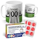Taza Personalizada con Nombre Camiseta Madrid | Pack Fútbol con Taza + Caramelos Divertidos | Regalo Original para Merengues | Perfecto para Regalar