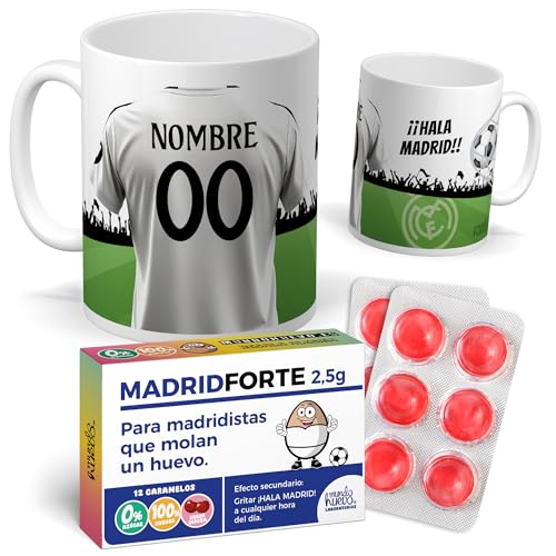 Taza Personalizada Con Nombre Camiseta Madrid Pack Fútbol Con Taza, Pulsera Coleccionable Y Caramelos Divertidos Regalo Original Para Merengues Perfecto Para Regalar