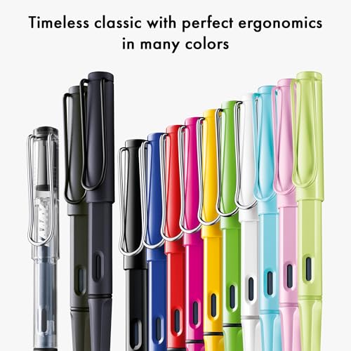 Image of Lamy Safari Steel Black Fountain Pen with Ergonomic Grip and Polished Steel Nib in Line Width B Robust ASA Plastic Includes Ink Cartridge T 10 Blue Right-Handed