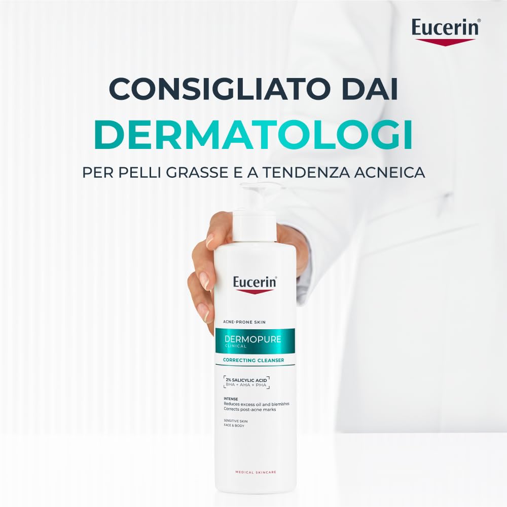 Eucerin DermoPure Clinical Detergente Viso Tripla Azione 400 ml, Detergente schiumogeno viso anti macchie, imperfezioni e lucidità con 2% Acido Salicilico per pelle grassa e a tendenza acneica