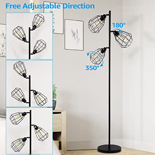 Leonlite Industrial Floor Lamp, 3 Light Tree Floor Lamp, Free Adjustable Cage Heads, 65Inch, St58 Bulbs Included, Tall Rustic Floor Lamps For Living Room, Bedroom, Office #TOP3