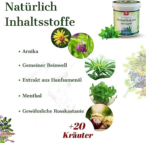 SwissMedicus Pferdebalsam mit Hanf - Kühlende Wirkung für Muskeln & Gelenke - gel mit 25 natürlichen Extrakten - Ideal für Sportler - Alltäglicher Gebrauch - Tiefenwirksame Formel 3