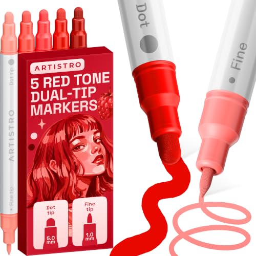 Image of ARTISTRO Red Tones Dual-Tip Acrylic Paint Marker Pens - Set of 5 | For Fabric, Rock, Glass, Wood, & Coloring Books, Arts & Crafts Gift, Classroom Must Haves & School Supplies (Dot & Fine Tips)