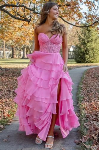 Strapless Ruffle Corset Prom Dress 2025 Long Tiered Formal Gowns Lace Chiffon Evening Dress with Slit3