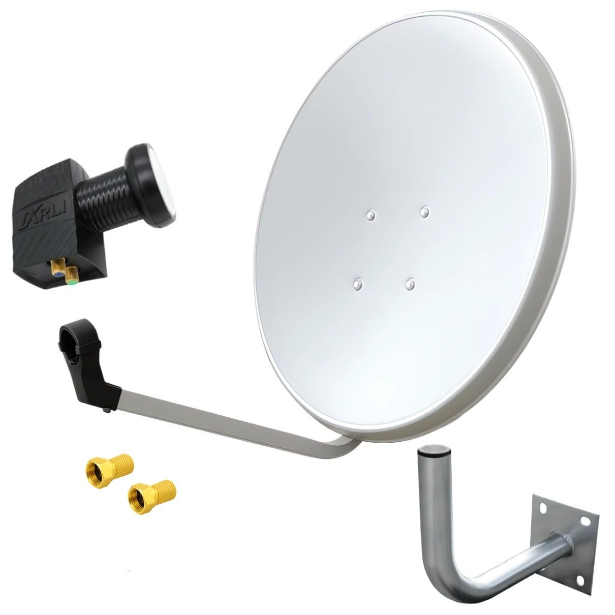 60cm HD Sat Anlage Twin LNB + Wandhalter 45 cm + 2 F-Stecker Digital 2 Teilnehmer Antenne Weiss UHD 4K
